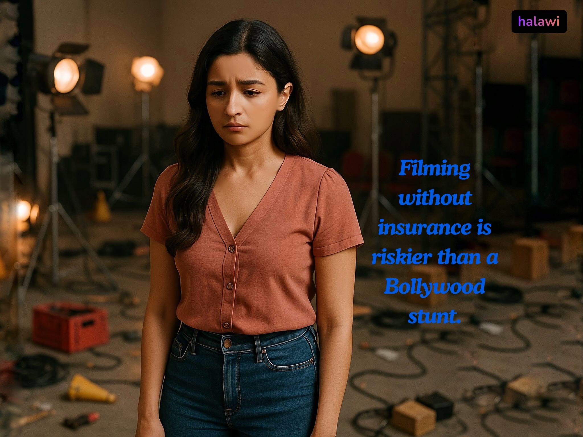 A concerned young woman stands on a cluttered film set with fallen equipment and production lights; the scene emphasizes the risks of filming without proper insurance.