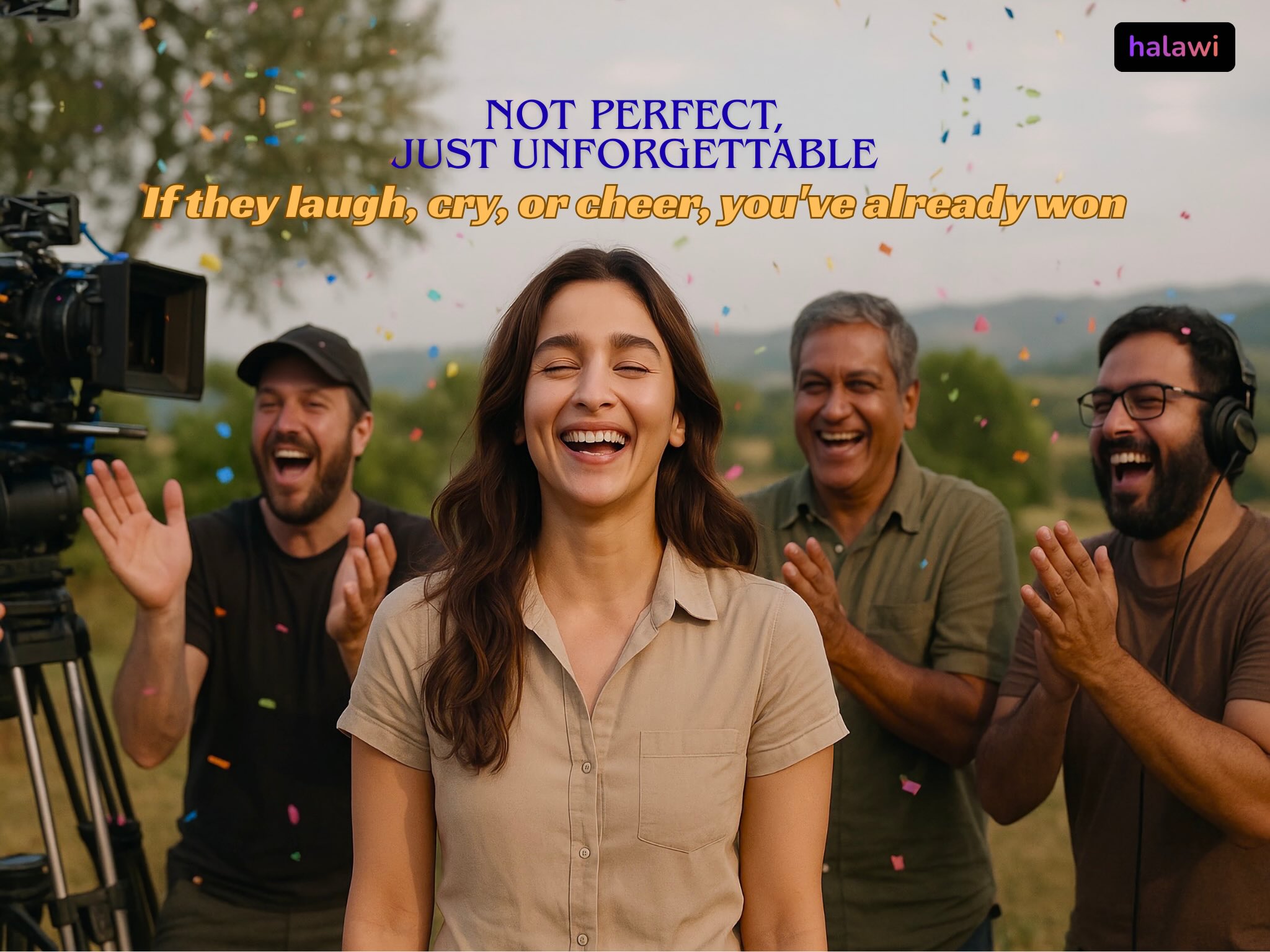 A candid moment of film professionals on set, capturing the genuine energy behind crafting emotionally resonant stories that often succeed without strict logic.