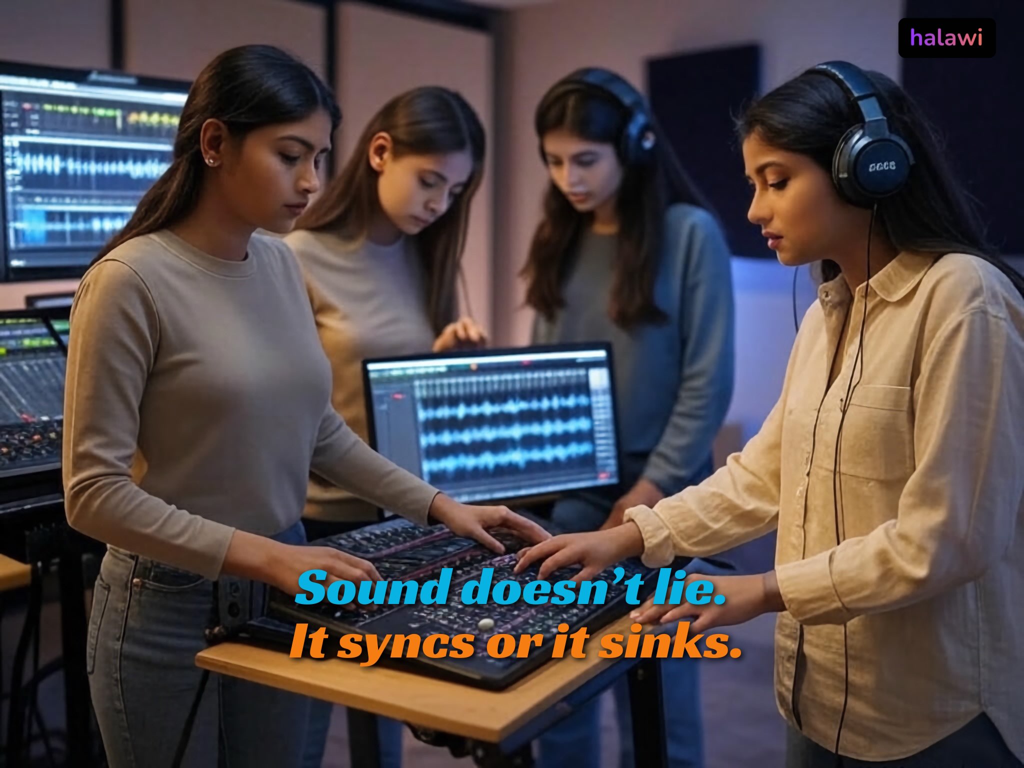 Three young Indian women collaborating in an audio post-production studio, aligning Foley and ADR waveforms on professional software.