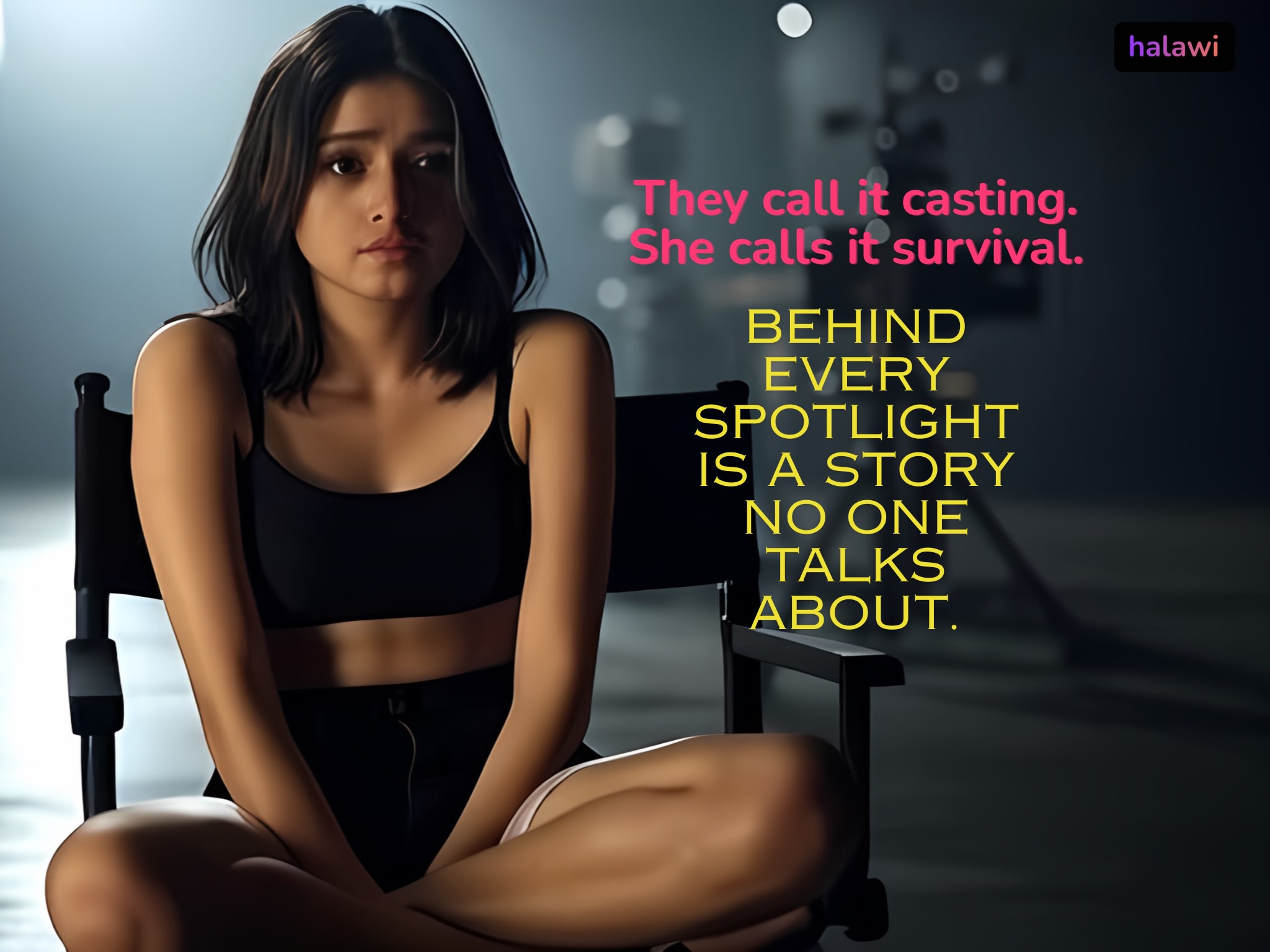 Young actress sitting alone on a dark film set, caught between ambition and fear — a haunting portrait of exploitation in Bollywood.