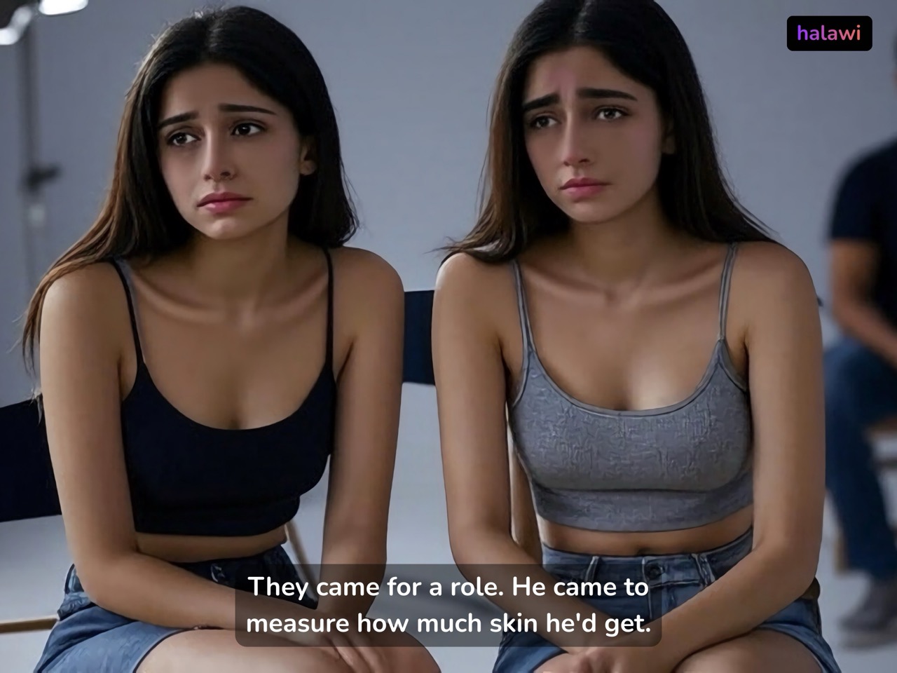 Two visibly uncomfortable women forced into a deceptive audition under manipulative male scrutiny.