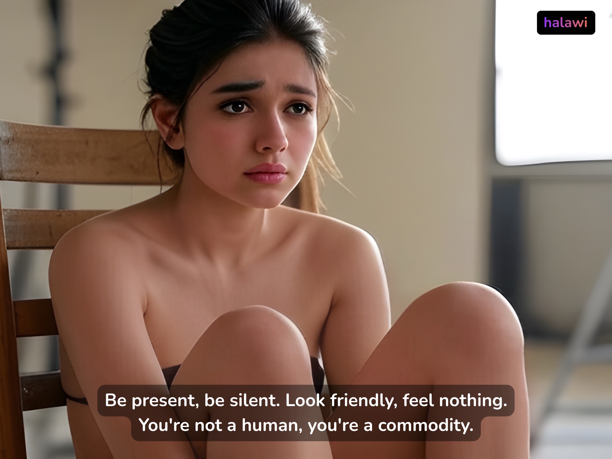 Nervous young model in a studio environment, body language indicating stress and apprehension.
