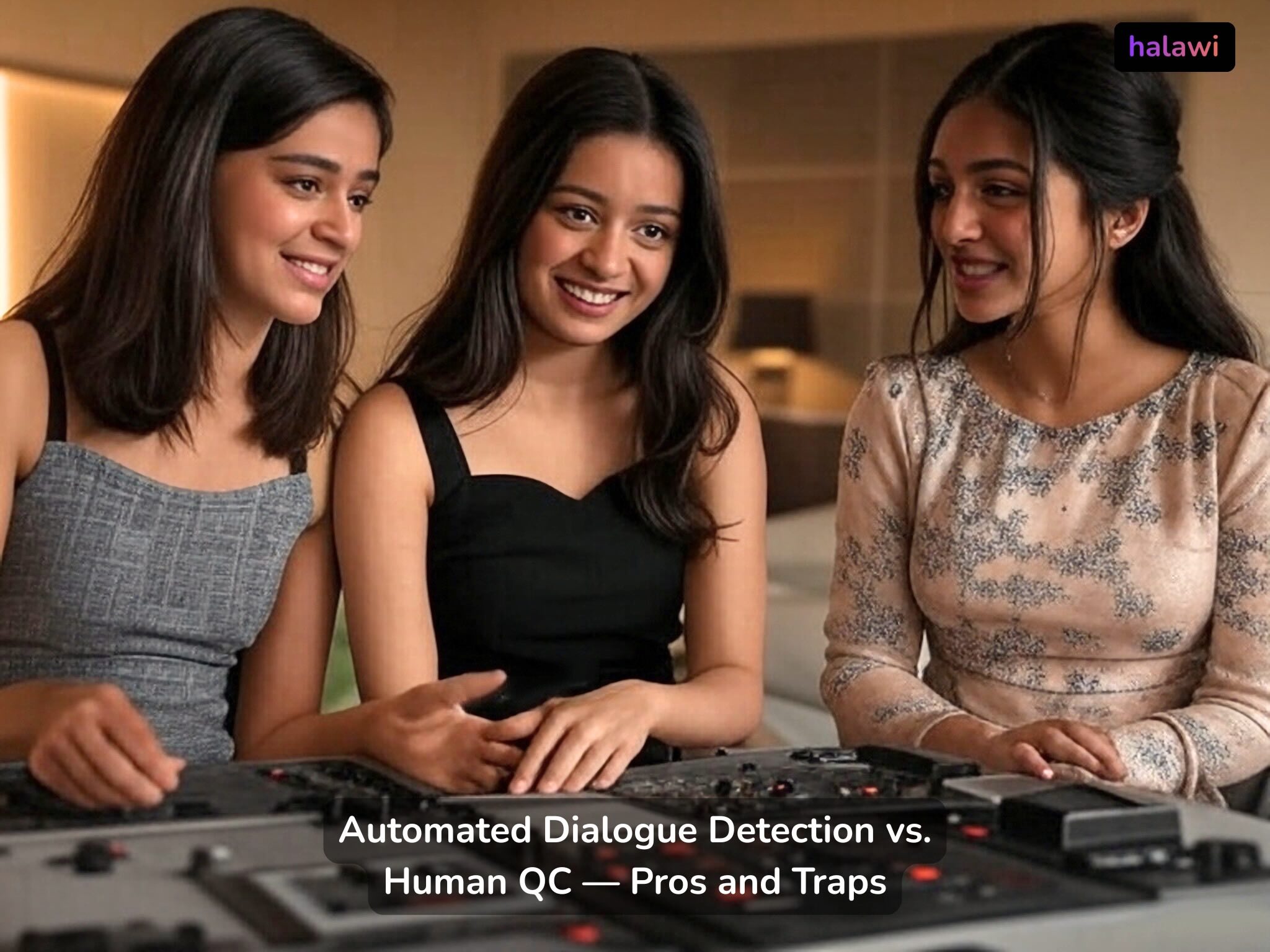 Post-production team discussing automated dialogue detection tools during a collaborative QC session.