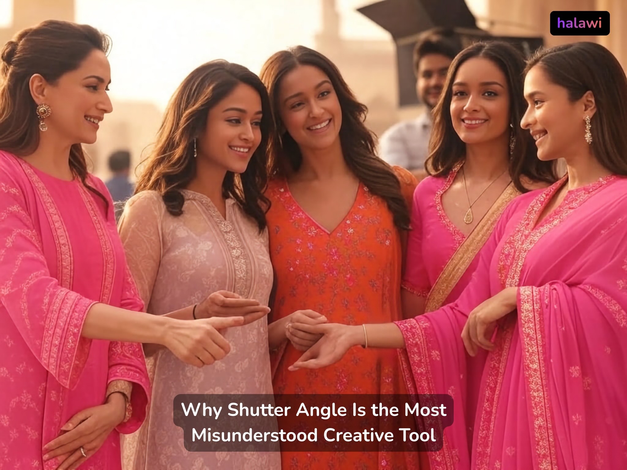 Actresses on a film set captured mid-motion, illustrating how shutter angle impacts the feel and flow of cinematic scenes.