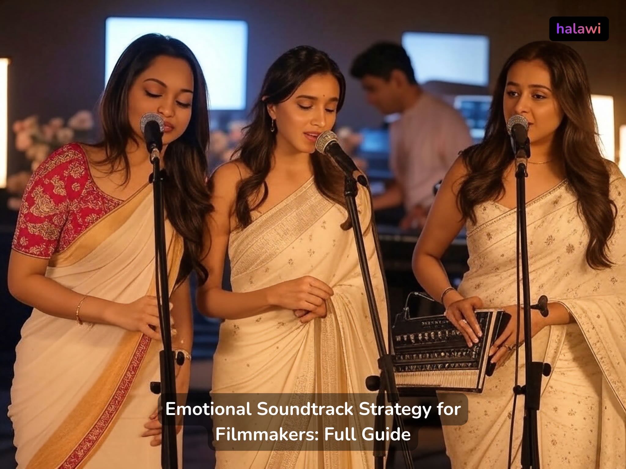 Three women dressed in traditional sarees singing into microphones, with one playing a harmonium, symbolizing the emotional and cultural integration of music in Indian cinema.
