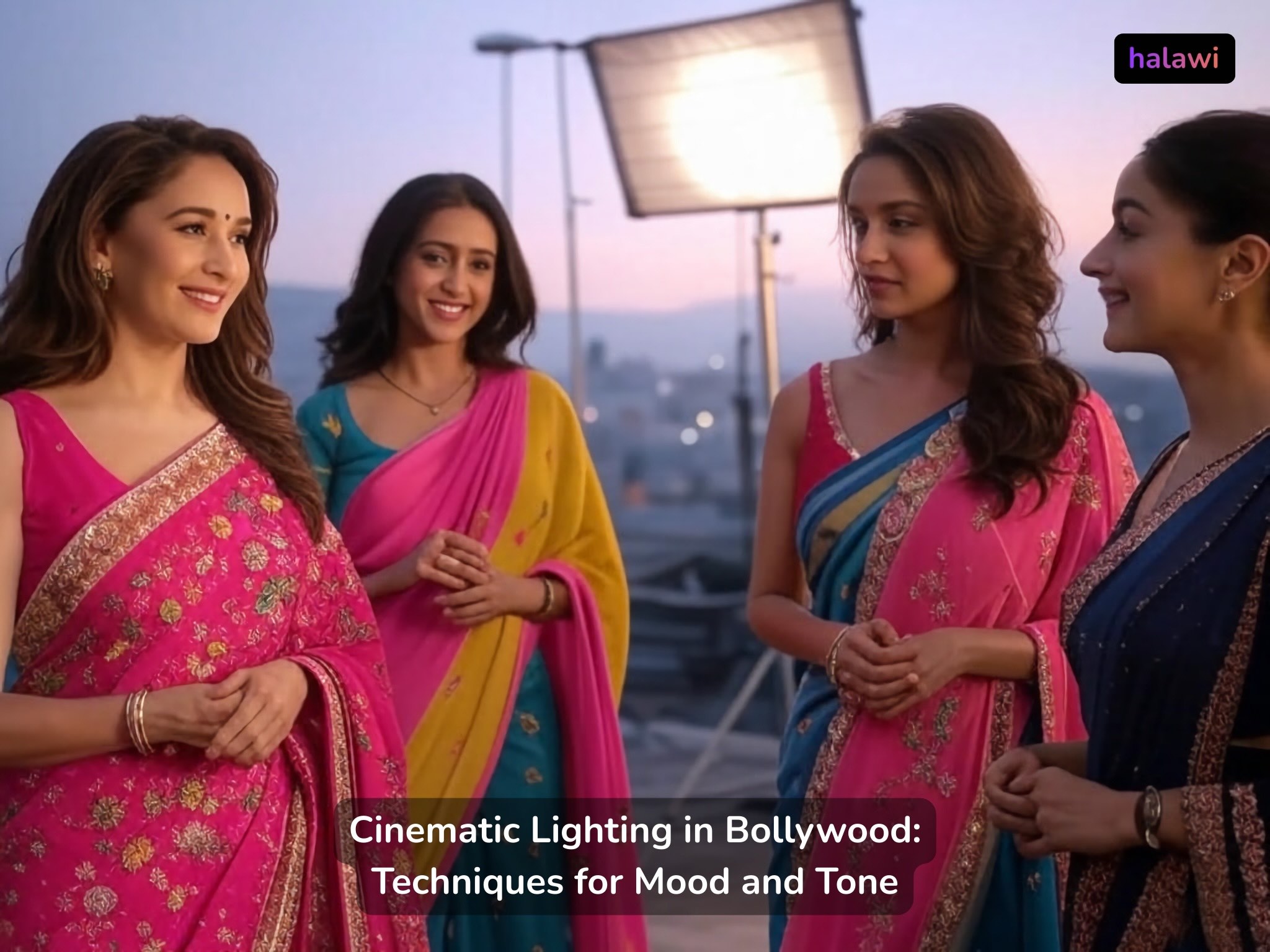 Sunset backdrop in a Bollywood outdoor scene, casting warm highlights on performers.