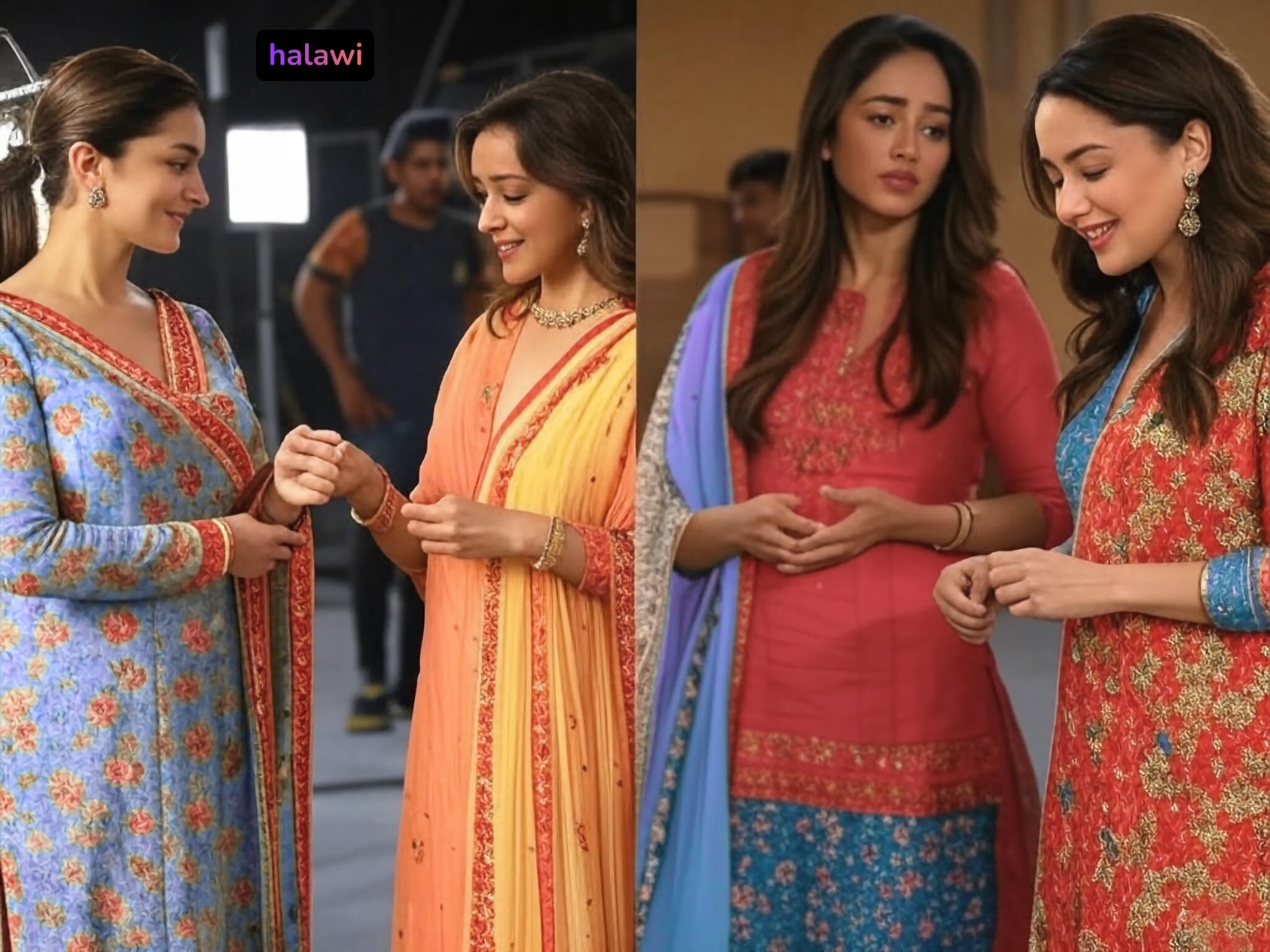 Bollywood dancers performing under saturated red and gold lighting with vibrant costumes.