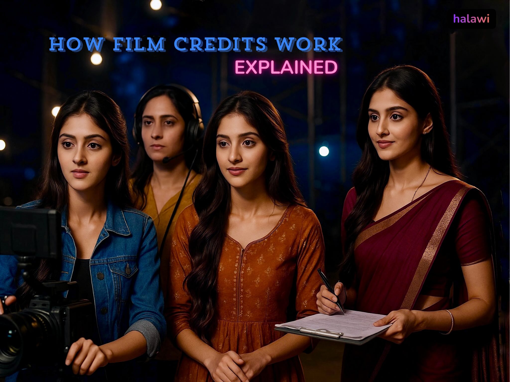 Four Indian women work together on a nighttime film set, smiling and focused under warm ambient lighting, with film equipment and soft lights in the background.