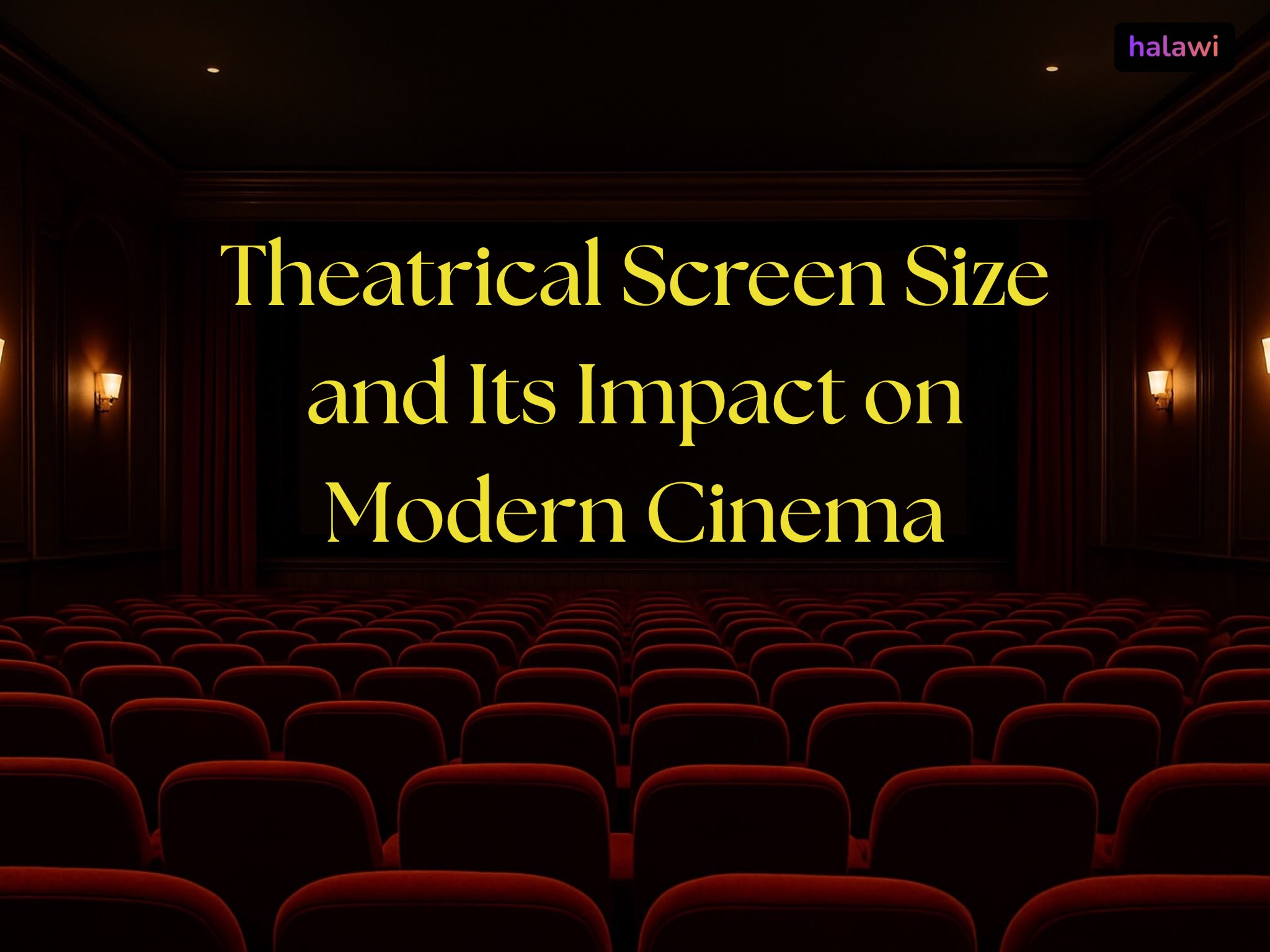 Interior of a modern movie theater with rows of empty seats facing a large black screen, cinematic lighting creating a premium and immersive atmosphere.