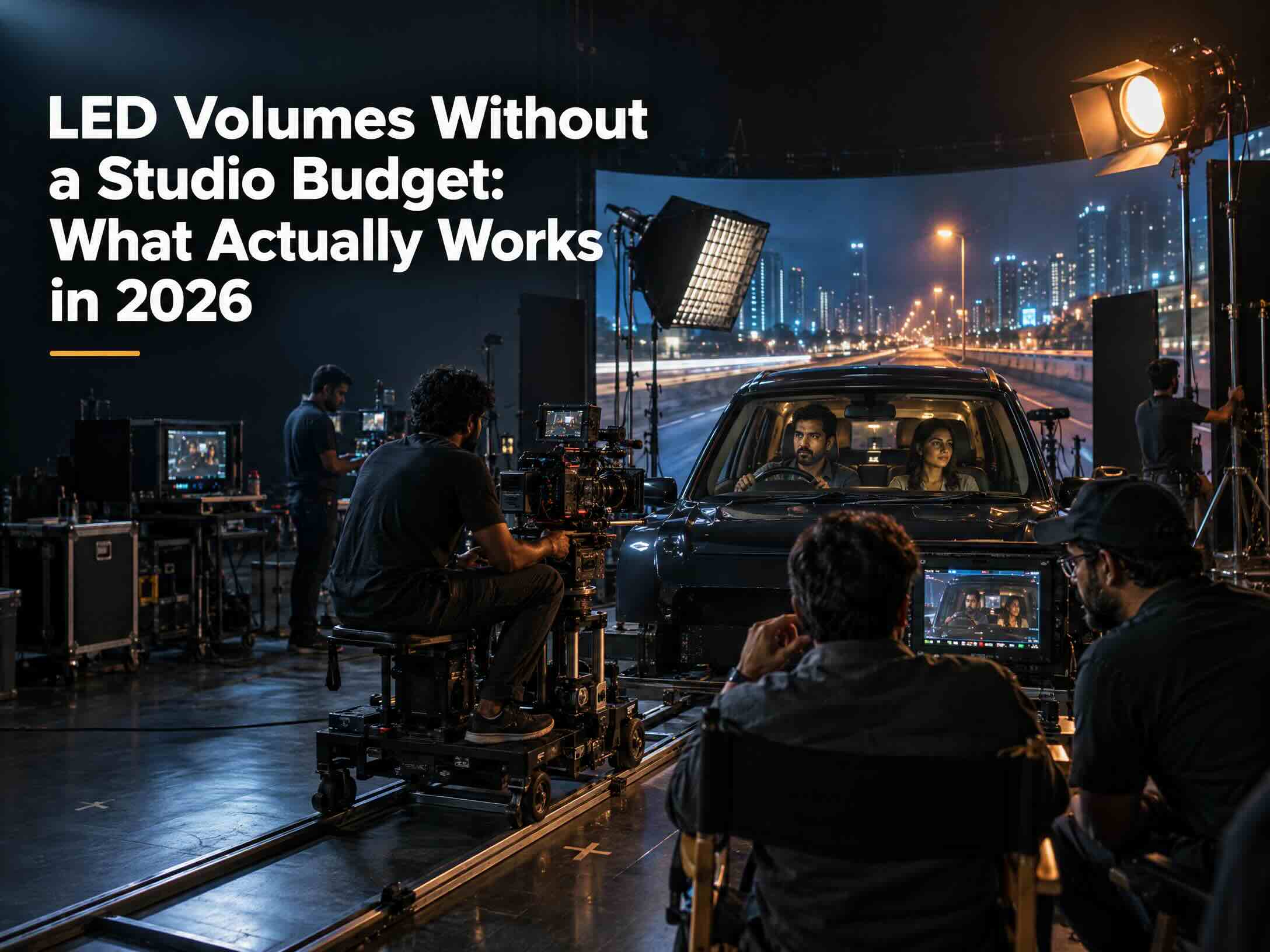 A micro-volume set up for driving work. Small walls, big savings, when used for the right scenes. A small LED volume stage with a car on a turntable, a night city street playing on the wall behind it, and crew working at monitors in the foreground.