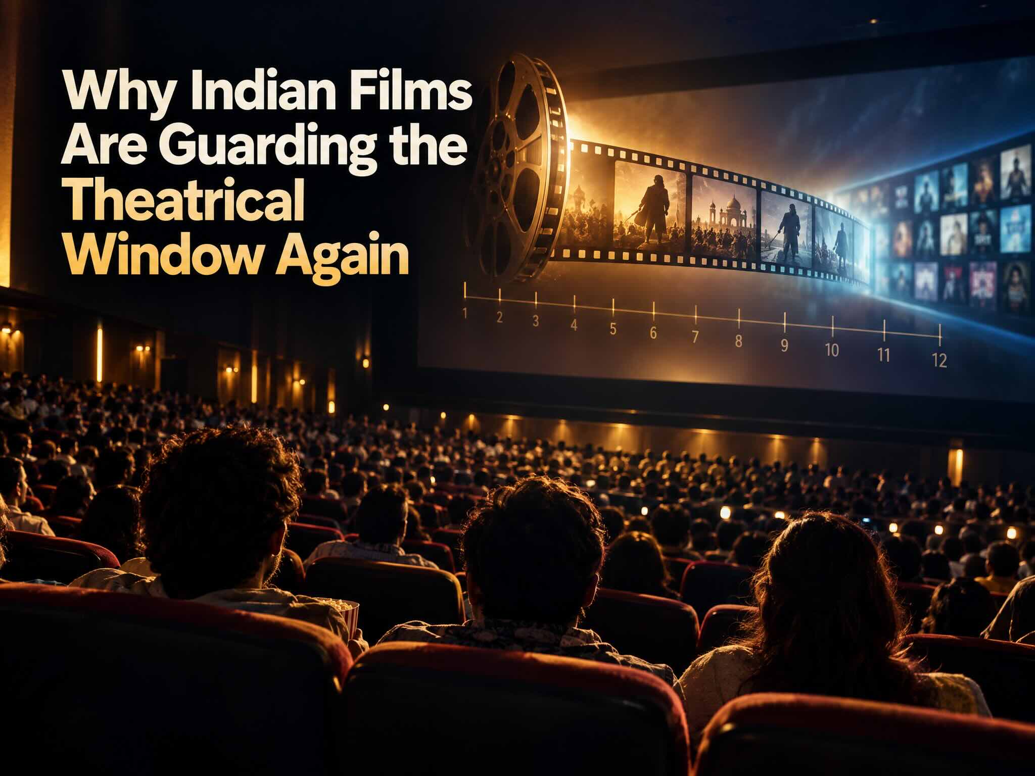 A full house still does something no streaming launch can. A packed single-screen cinema hall in India during an evening show, the audience lit by the glow of the screen.