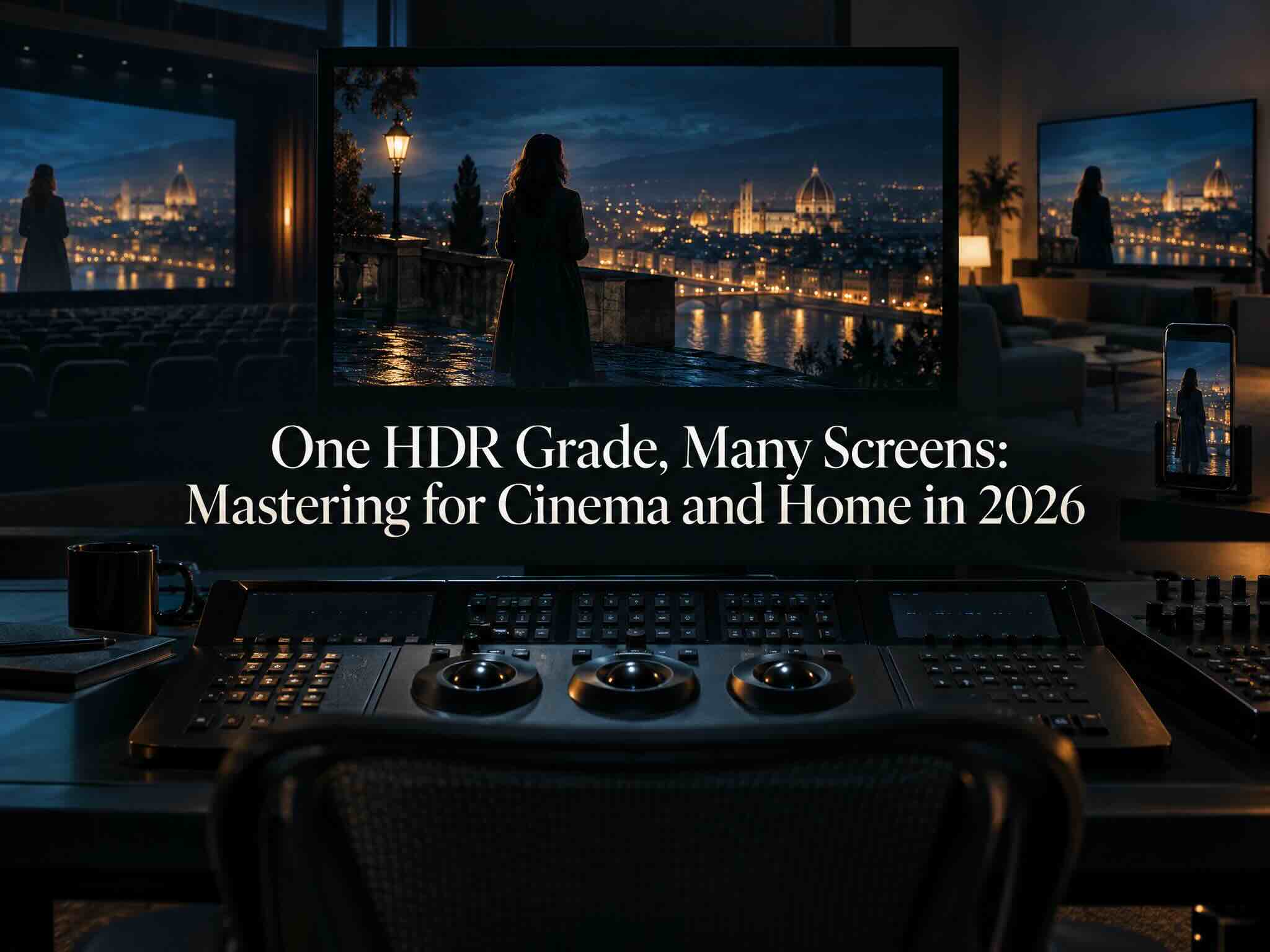 One grade, many outputs. The work is in planning the outputs before you start. A colourist at a grading desk with a large HDR reference monitor showing a high-contrast night scene, control panel lit in the dark suite.